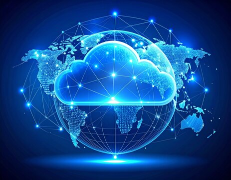 Global cloud computing network visualization with digital connections and a prominent cloud icon representing data storage and transfer - Powered by Adobe