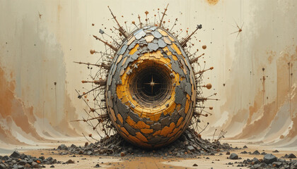 Abstract Egg Sphere Surrounded by Spikes in Arid Landscape