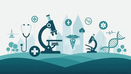 Modern healthcare and scientific research illustration featuring medical equipment, laboratory instruments, and digital technology symbols