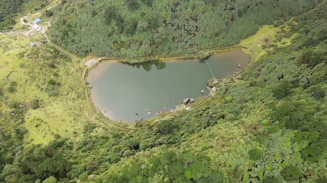 The aerial view shows the fog over Salpa Pokhari(Pond) in Bhojpur, Nepal.