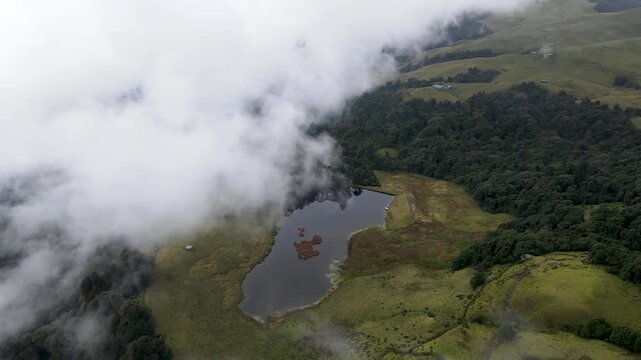 The aerial view shows the fog over Hans Pokhari(Pond) in Bhojpur, Nepal