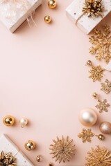Elegant vertical gold and beige holiday decor featuring gifts, ornaments, and ribbons, creating a warm festive scene ideal for Christmas and New Year celebrations and greetings