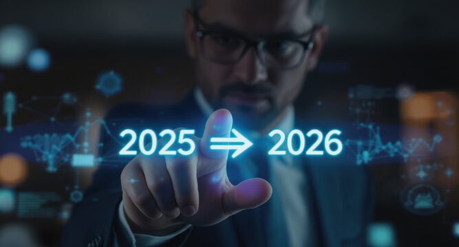 Businessman Tapping 2025 to 2026 Transition Arrow on Holographic Screen, Future Strategy Concept