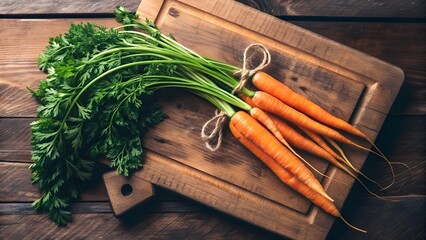 Fresh whole carrots with green tops tied in bundles on a rustic wooden cutting board, showcasing organic vegetables for cooking, healthy eating, farm produce and culinary preparation concepts