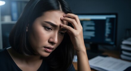 Moody Portrait of a Thai Woman Grappling with Deep Anxiety in a Cool-Toned Office Environment, Her Hand on Head and a Worried Expression Amidst Blurred Work Background.