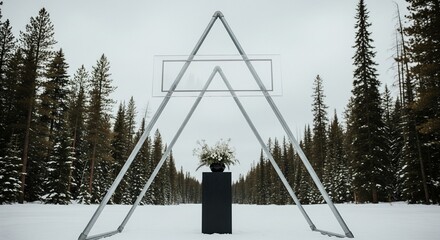 Minimalist Galvanized Steel Triangular Wedding Arch in a Snow-Covered Canadian Pine Forest. 