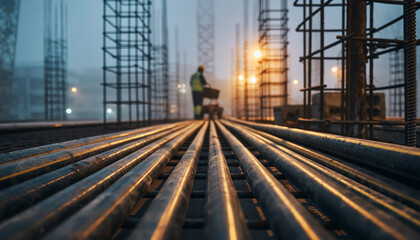 Fototapeta premium Construction worker skillfully maneuvering materials across a misty construction site, showcasing strength and precision in modern urban development, infrastructure growth