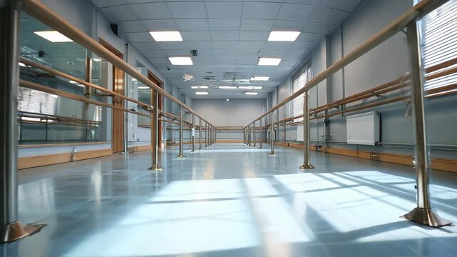 Empty ballet studio with wooden bars and large windows in bright natural light