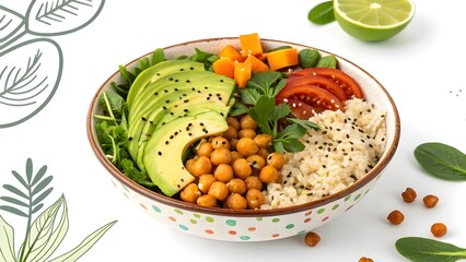 Healthy vegan buddha bowl with sliced avocado, roasted chickpeas, fresh tomatoes, greens and rice topped with sesame seeds on white background for clean eating and plant based meal concepts