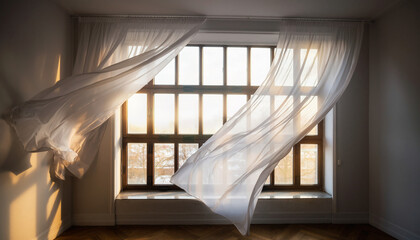 Sunlit Room with White Curtains Blowing in the Breeze.