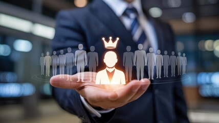Business professional presents a glowing figure wearing a crown standing before a line of silhouettes representing a team or hierarchy.