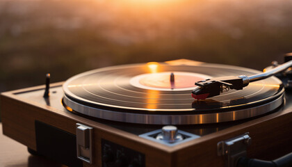 Vintage Turntable Playing a Vinyl Record at Sunset.