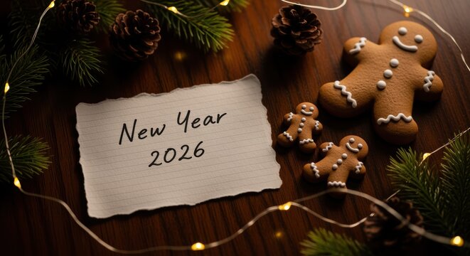 Cozy New Year 2026 Celebration Concept with Gingerbread Man Cookies and Fairy Lights