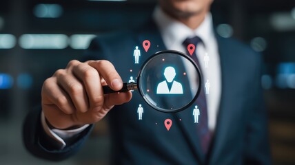 Professional holding magnifying glass over digital representation of a selected person among many