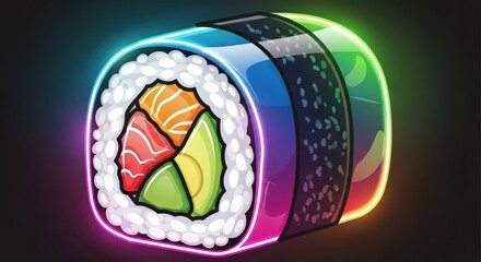 Colorful illuminated sushi roll illustration displayed against a dark background