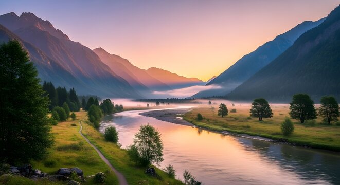Sunrise Over Serene Mountain Valley River and Haze - Powered by Adobe