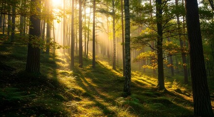 Obraz premium Sunlit Forest Path Morning Rays Through Woodland Trees Background