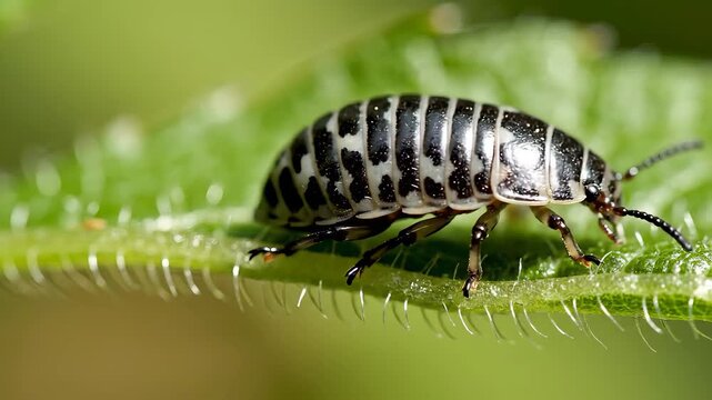 Striped Beetle Larva on Green Leaf CloseUp Insect Observation.