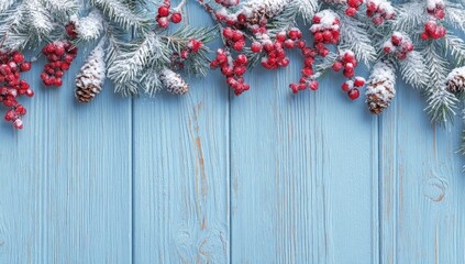 Winter holiday scene with blue wood background pine branches berries and pinecones