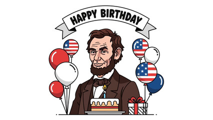 Abraham Lincoln Birthday Celebration with American Flag Balloons and Cake
