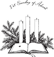 Black and white vector illustration of 1st Sunday of Advent with candles, pine branches, and scripture