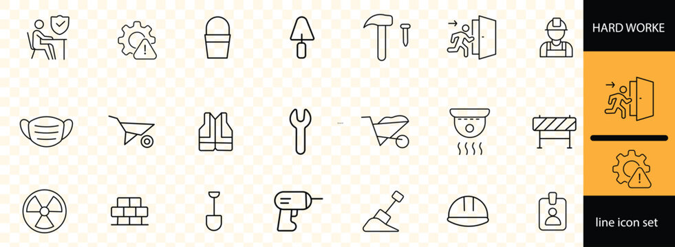 Safety gear and personal protective equipment (PPE) icons set. Set of hard hat, rubber boots, work pants, ear muffs, protective gloves, respirator, face mask vector icon with editable stroke