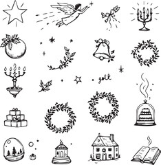 Black and white vector set of hand-drawn Christmas icons including wreaths, gifts, candles, stars, and holly