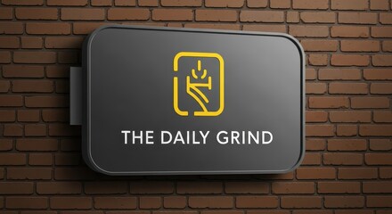 Fototapeta premium Rectangular illuminated business sign displaying stylized text and abstract symbol affixed to a brick wall surface