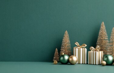A stylish Christmas scene featuring a gold ribbon wrapped gift, tiny frosted trees, and gold ornaments set against a rich green backdrop, conveying festive warmth and New Year anticipation