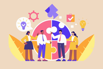 Diverse team collaborating on business strategy with puzzle pieces and lightbulbs