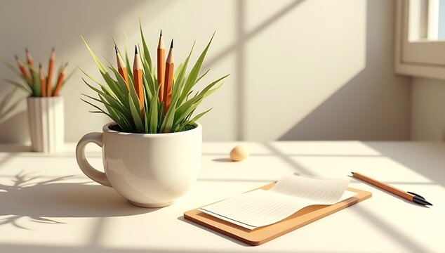 A ceramic coffee mug with sharpened pencils sprouting like plants, dramatic spotlight, clean desk surface, productivity & creativity symbolism.