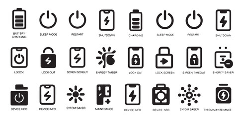 Set of battery charging, sleep mode, restart, shutdown, and lock out icons