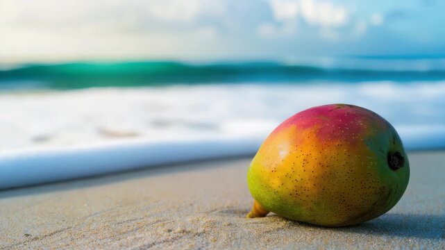 Ripe mango on sandy beach with ocean waves in background