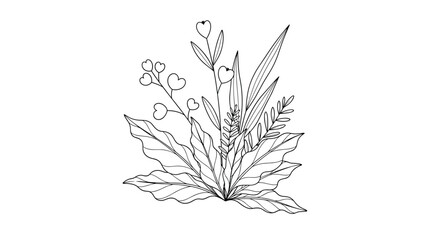 Obraz premium Delicate line art bouquet featuring whimsical heart-shaped flowers and various leaves, creating a charming black and white botanical illustration.