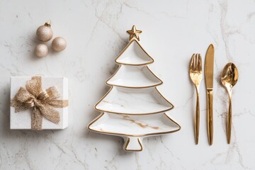 A stylish holiday still life featuring a star shaped plate, gold cutlery, pine, ornaments, and a marble surface. Perfect for Christmas and New Year celebrations, seasonal dining and gift ideas