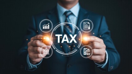 Fototapeta premium Businessman interacts with digital interface displaying financial reporting and tax concepts