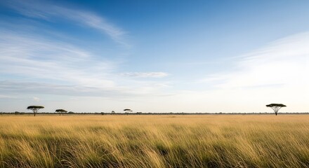 Fototapeta premium Savanna Landscape with Grassland and Trees Under Blue Sky Background