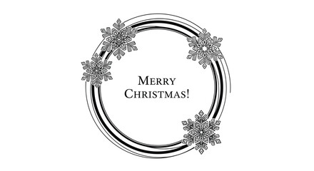 Elegant black and white Christmas frame with 'Merry Christmas!' text, featuring a double circular border adorned with detailed snowflakes.