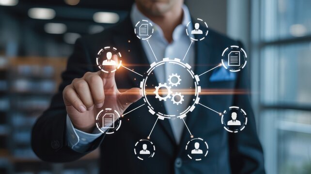 Business professional interacts with a glowing digital interface displaying interconnected personnel and documentation icons