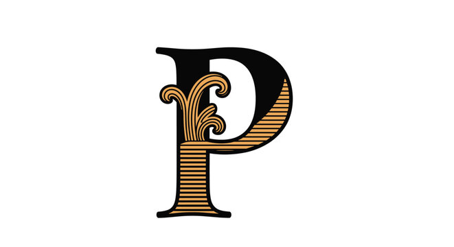 Stylish capital letter P with a sophisticated black and gold design, featuring elegant swirls and stripes for a classic, decorative look.