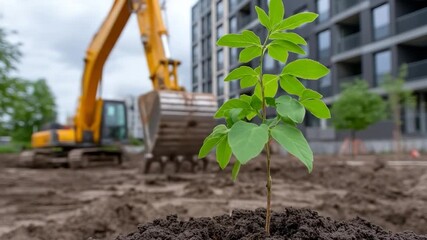 Green plant sapling growing in soil with construction excavator and modern building in background symbolizing urban development and environmental growth