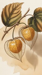 Botanical illustration featuring two physalis fruits hanging from a branch with leaves art