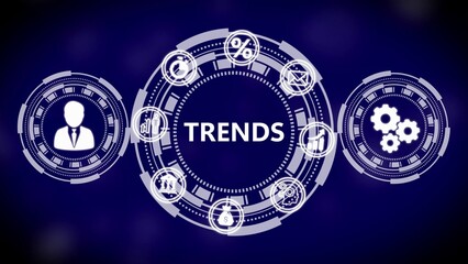 Digital interface with icons for trends and business on a dark blue background technology