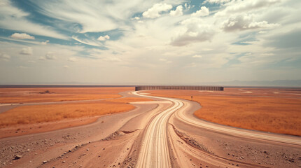 Fototapeta premium Winding dirt road with tire tracks leading through a vast, arid desert landscape with dry grass towards a distant fence under a dramatic cloudy sky