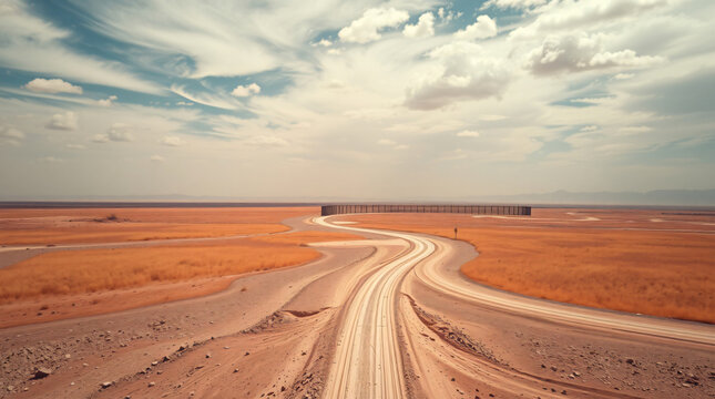 Winding dirt road with tire tracks leading through a vast, arid desert landscape with dry grass towards a distant fence under a dramatic cloudy sky