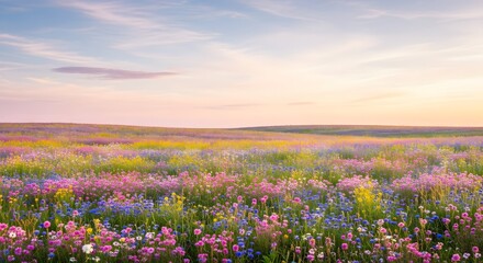 Vibrant Floral Meadow Under a Pastel Sky A Serene Landscape of Colorful Wildflowers in Bloom Background