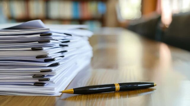 Close-up of stacks documents and pen on wooden desk