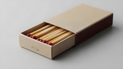 Open matchbox with wooden matches and red tips, beige box, dark brown striking surface, isolated.