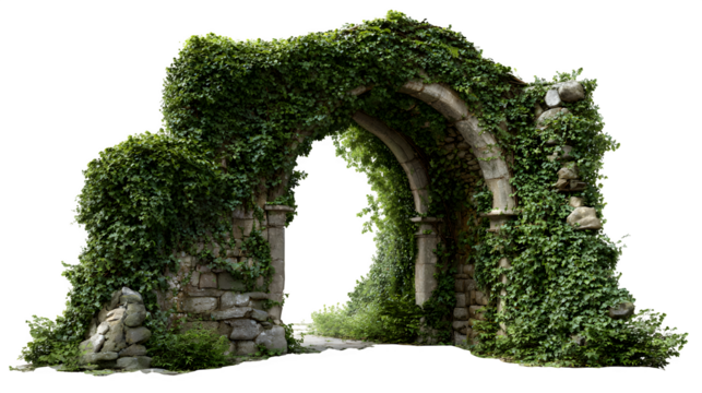 A traditional stone archway leading into an old village square, covered in climbing ivy, isolated on a Transparent background