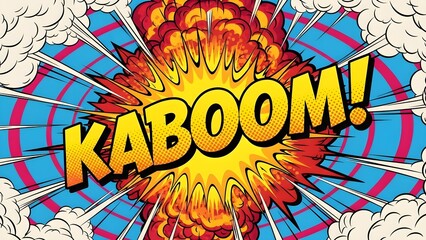Pop art cartoon 'kaboom!' explosion with smoke clouds, speech bubble, and speed lines